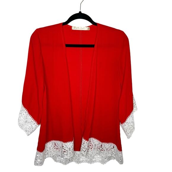 LIBERTY LOVE / red white lace trim semi sheer open front cardigan jacket / S - Picture 1 of 9